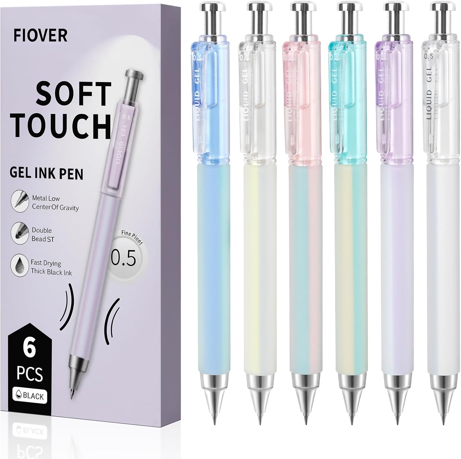 FIOVER 6 Pack 0.5mm Black Gel Pens, Quick Dry Fine Tip Pens | Soft Silicone Grip, Smooth Retractable Pens for Nurses, Teachers