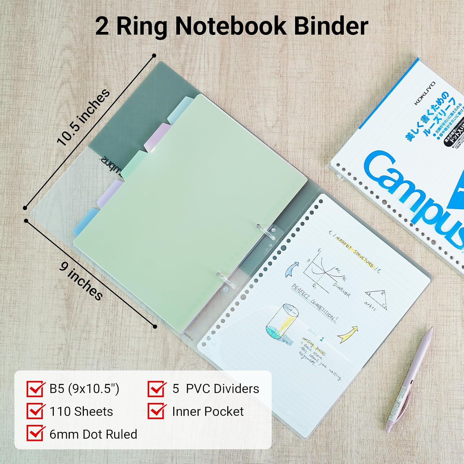 KOKUYO 5 Subject Spiral Notebook Journal, Campus 110 Sheets B5 Refillable Notebook with Dividers Tabs