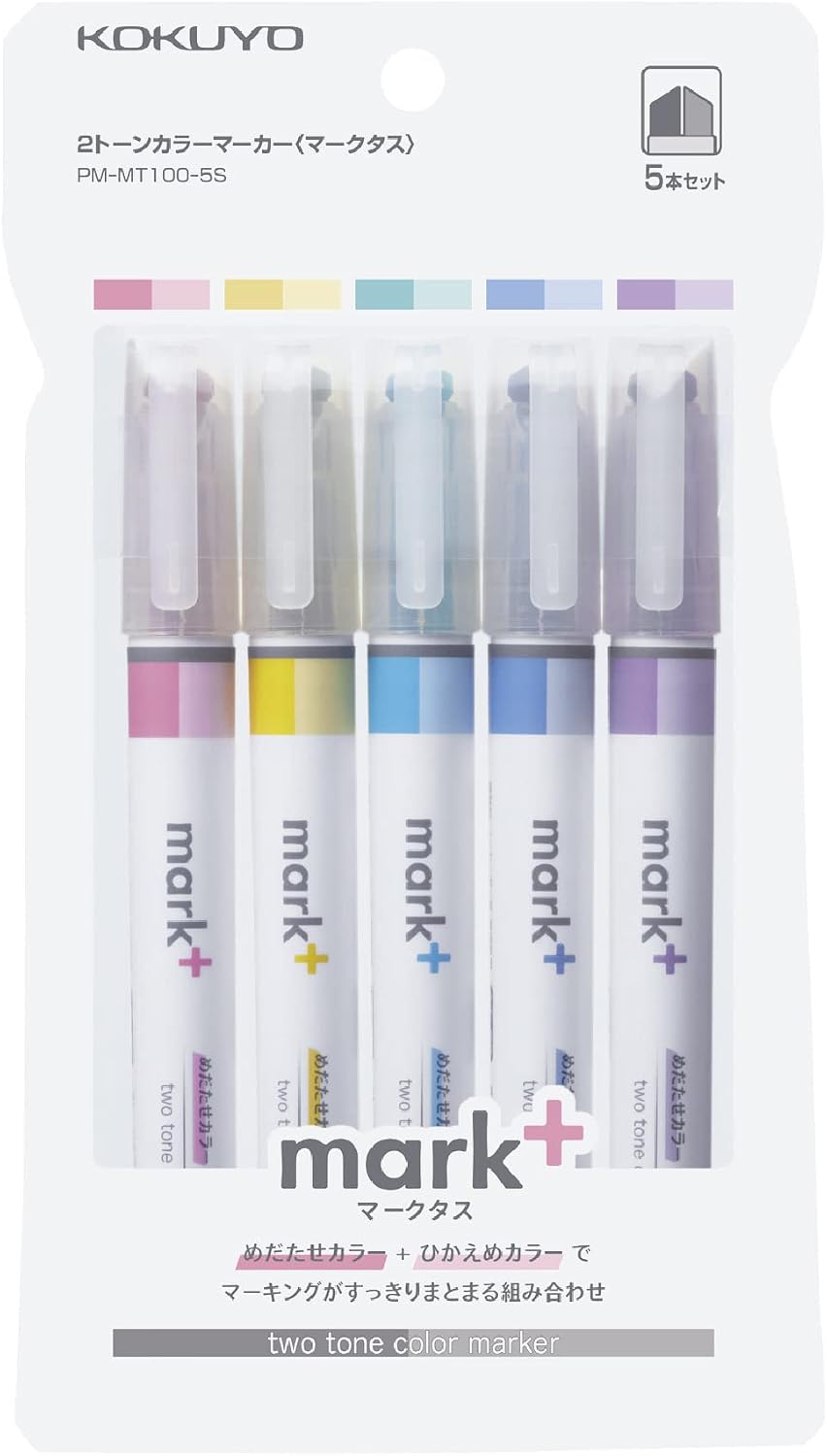 KOKUYO Pastel Highlighters, 2 Tone Chisel Tip Bible Markers in Assorted Colors, No Bleed Quick-Dry Art Marker for Journal, Planner