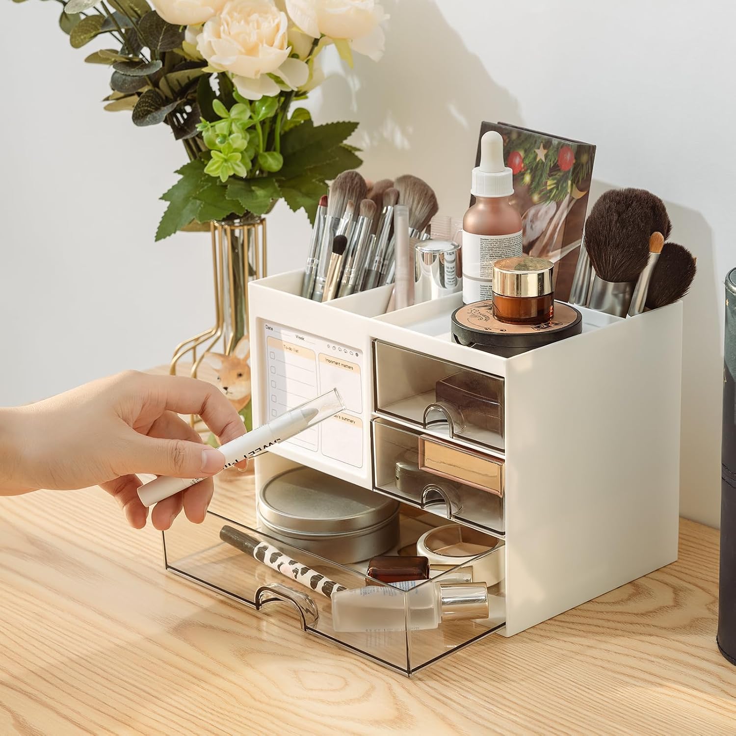 QIYVLOS Desk Organizer with 3 Drawer, Multi-Functional Pencil Pen Holder for Desk, Desk Organizers and Storage with 8 Compartments