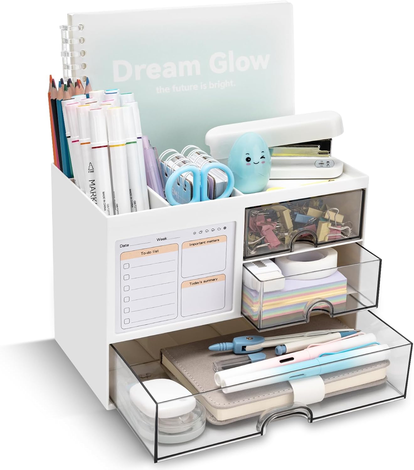 QIYVLOS Desk Organizer with 3 Drawer, Multi-Functional Pencil Pen Holder for Desk, Desk Organizers and Storage with 8 Compartments
