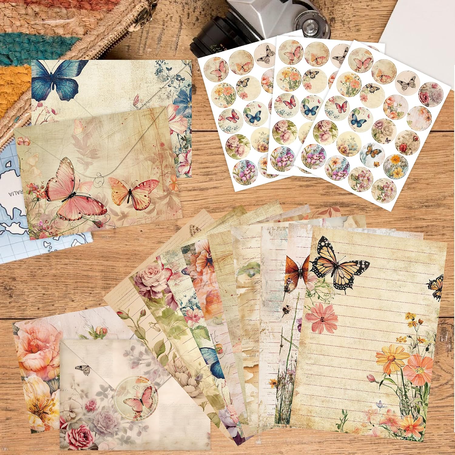 Stationery Paper Envelopes Set 160 Pcs – 50 Lined Writing Paper, 50 Envelopes, 60 Dot Stickers, Vintage/Floral/Leaf/Watercolor Multi-Style