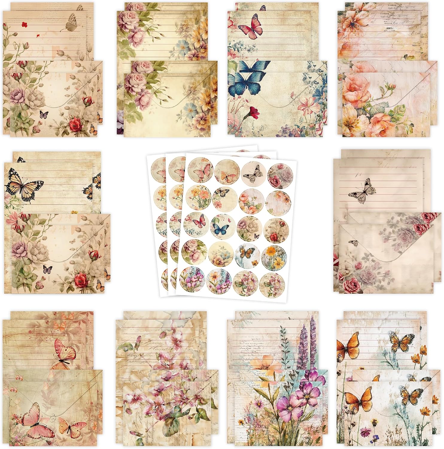 Stationery Paper Envelopes Set 160 Pcs – 50 Lined Writing Paper, 50 Envelopes, 60 Dot Stickers, Vintage/Floral/Leaf/Watercolor Multi-Style