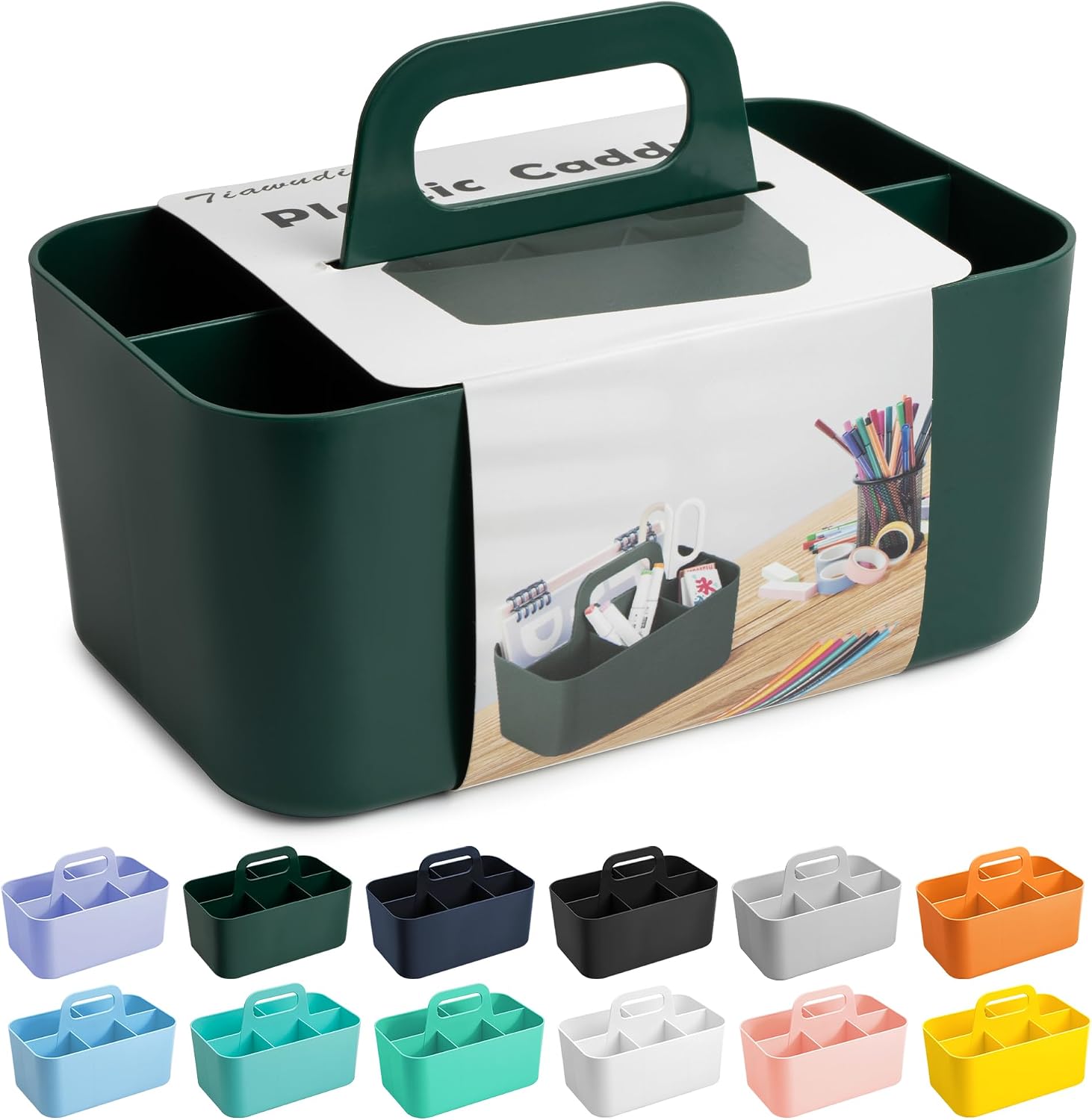 Tiawudi Multipurpose Caddy Organizer, Plastic Caddy with Handle, Stackable Desk Organizer for Stationery, Marker and Pencil